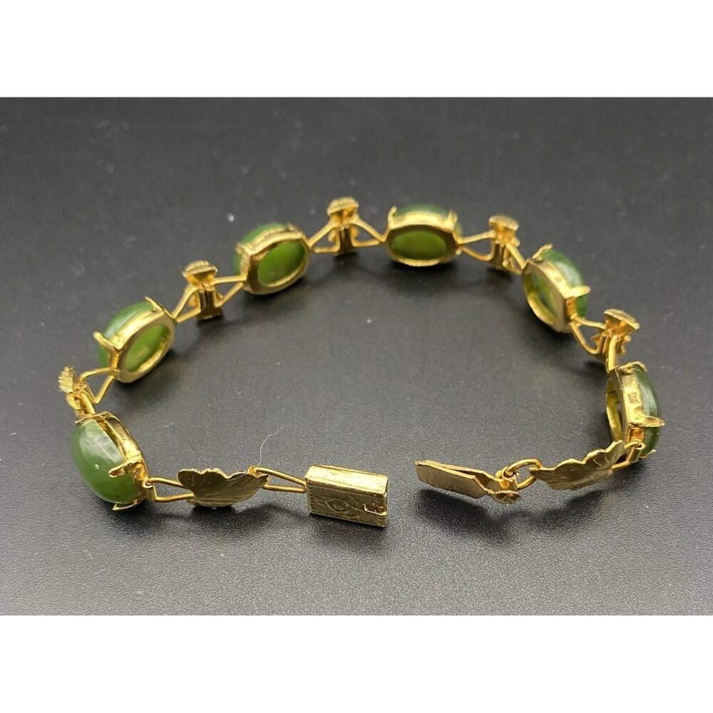 Vtg Green Jadeite Bracelet Gold Plated Bamboo Accent Floral Box Clasp 7" UV Test - Picture 4 of 16